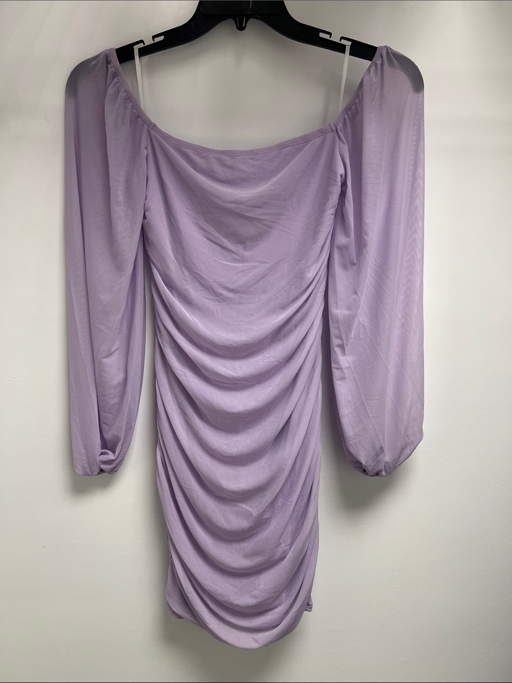 Off-Shoulder Lilac Ruched Mini Dress with Balloon Sleeves